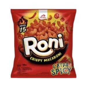 Dua Kelinci Roni Krokante Macaroni Extra Pittig Niveau 15, 140 gr Hartige Snacks